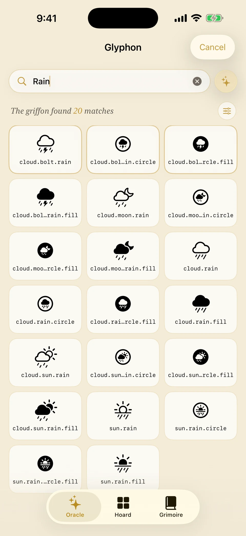 Keyword search for 'rain' showing a grid of 20 matching symbols.