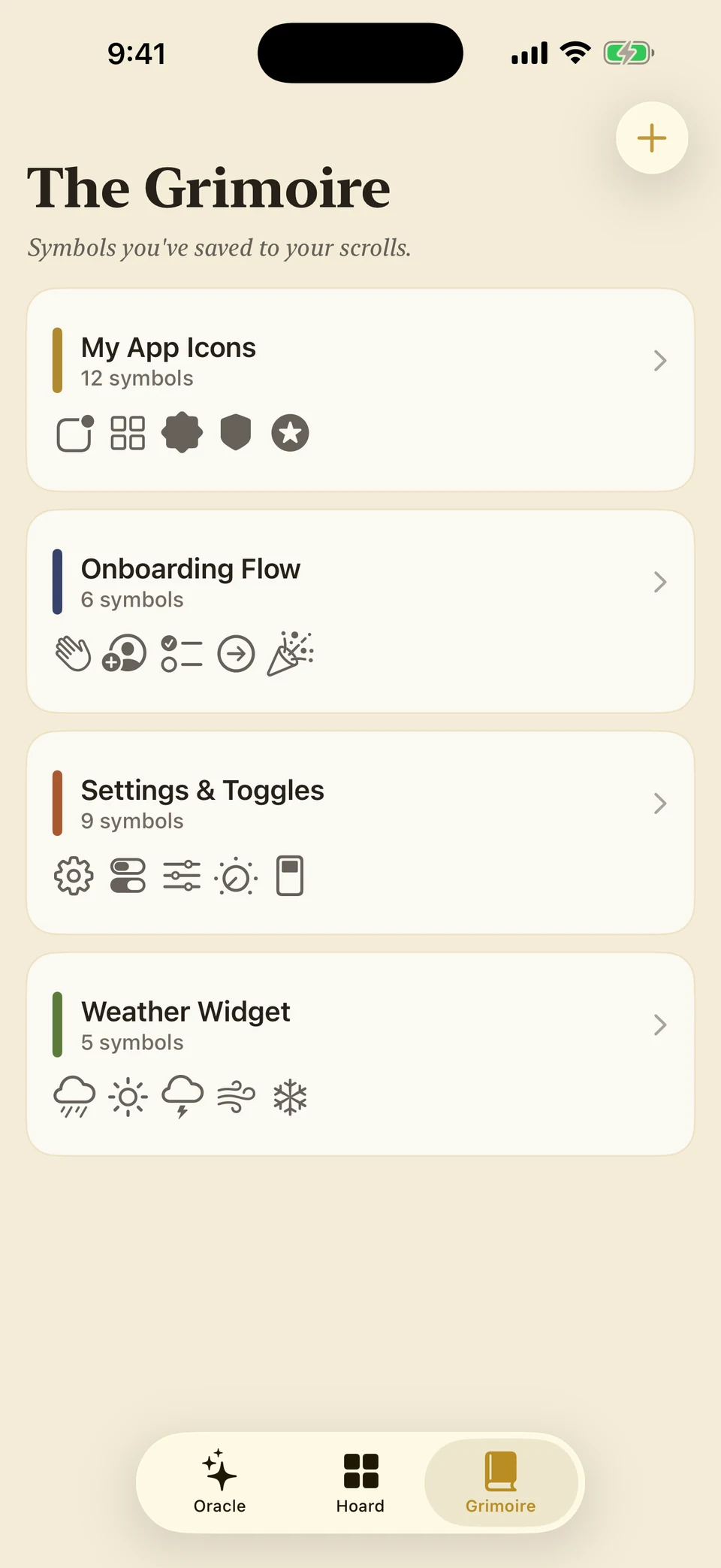 The Grimoire tab with four collections: My App Icons, Onboarding Flow, Settings & Toggles, Weather Widget.