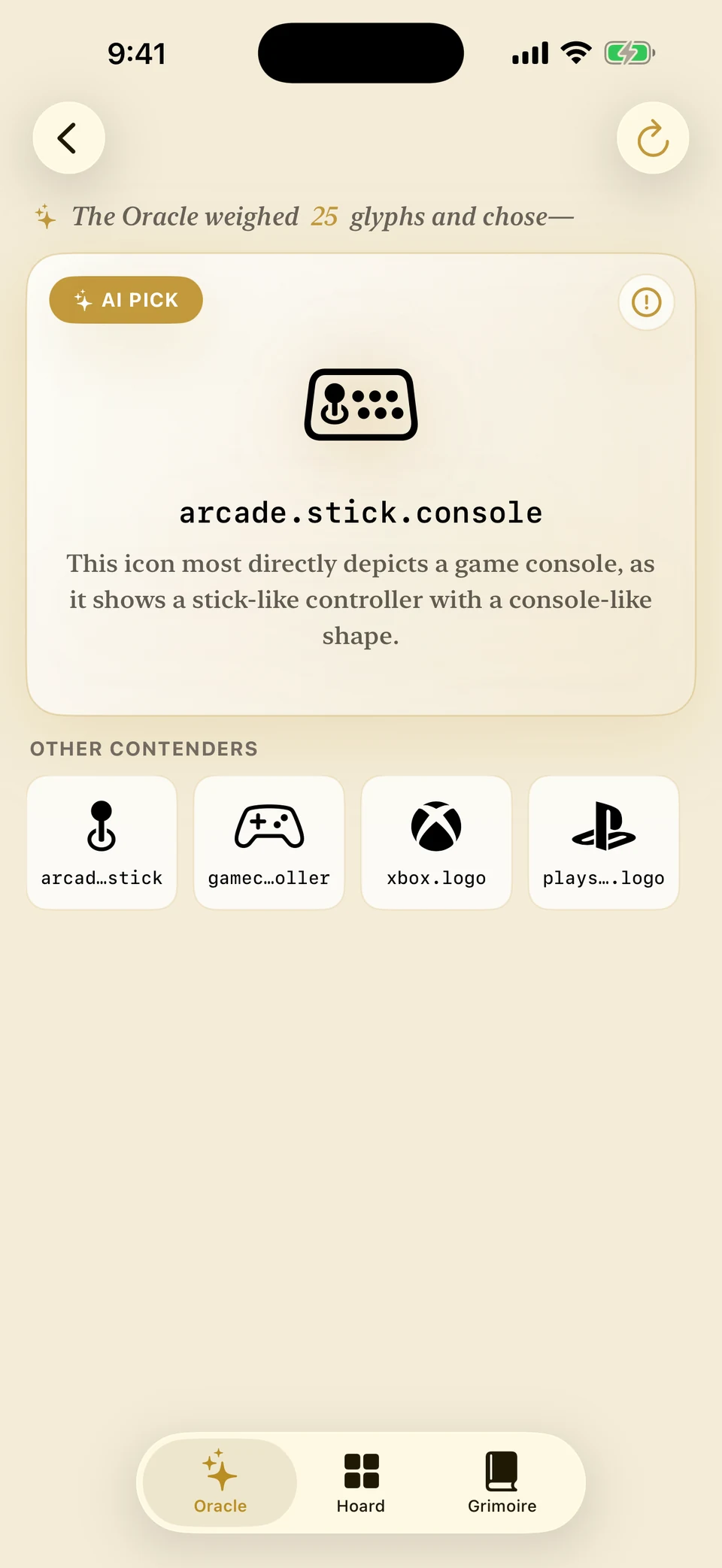 Glyphon's AI pick screen: for 'I need an icon to represent a game console.' the Oracle chose arcade.stick.console and explains why.