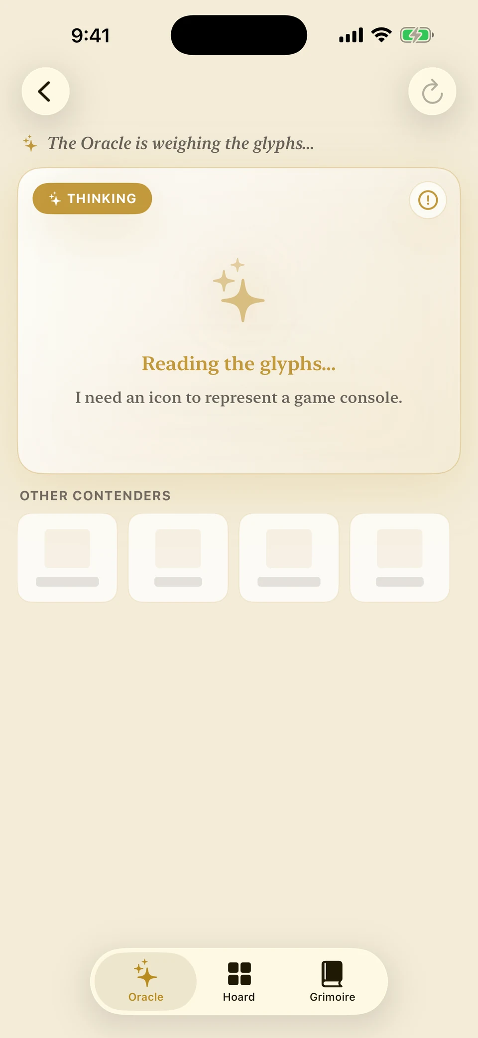 The Oracle reading the request 'I need an icon to represent a game console.' with a glowing sparkle.